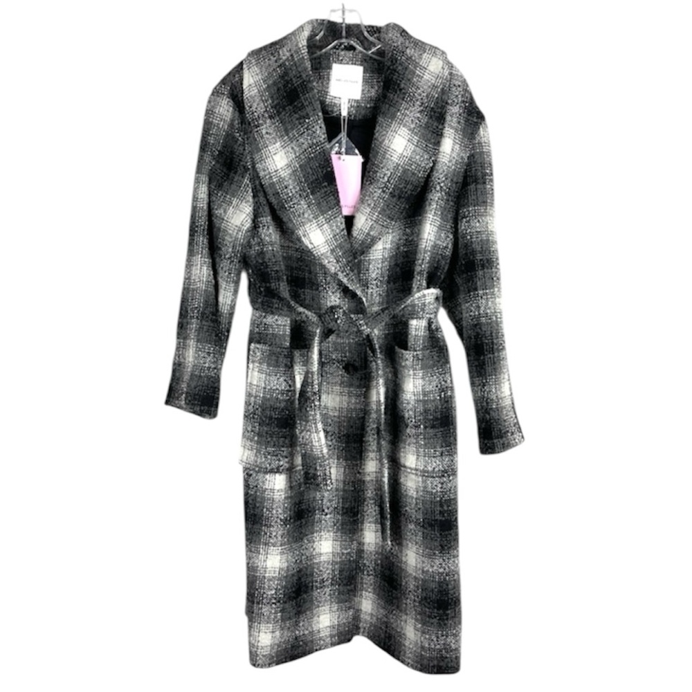 AVEC LES FILLES Plaid Tie Front Belted Wool Blend Coat NEW Size XL Black White